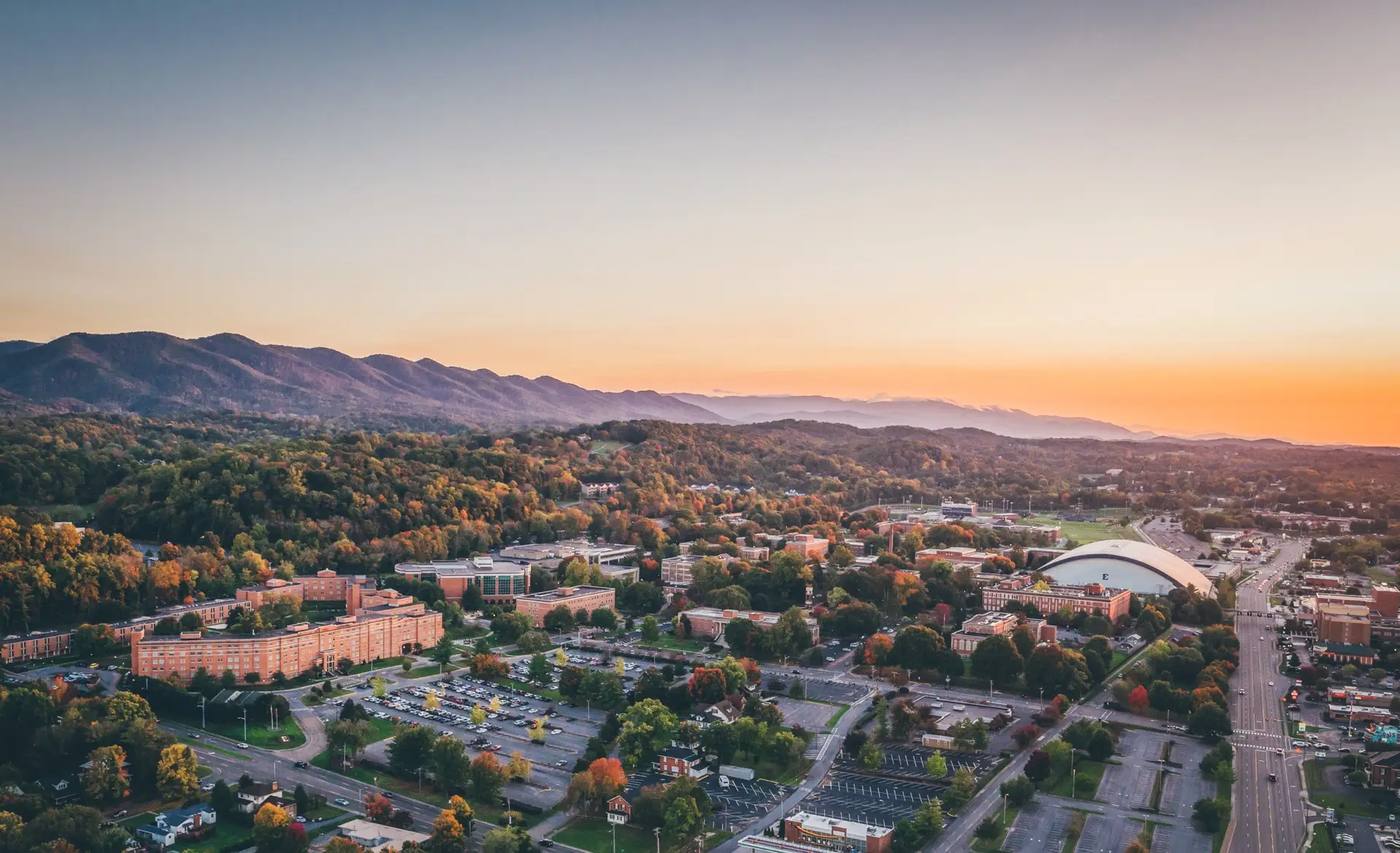 Aerial view of Johnson City at sunset