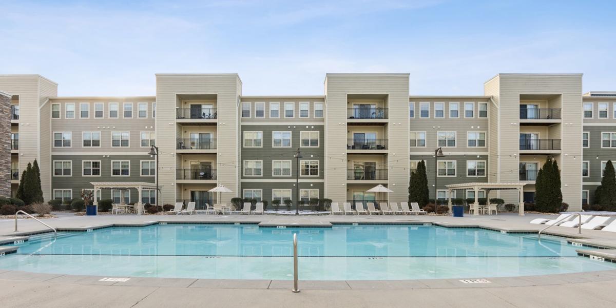 The pool and apartment buildings at The Harbor